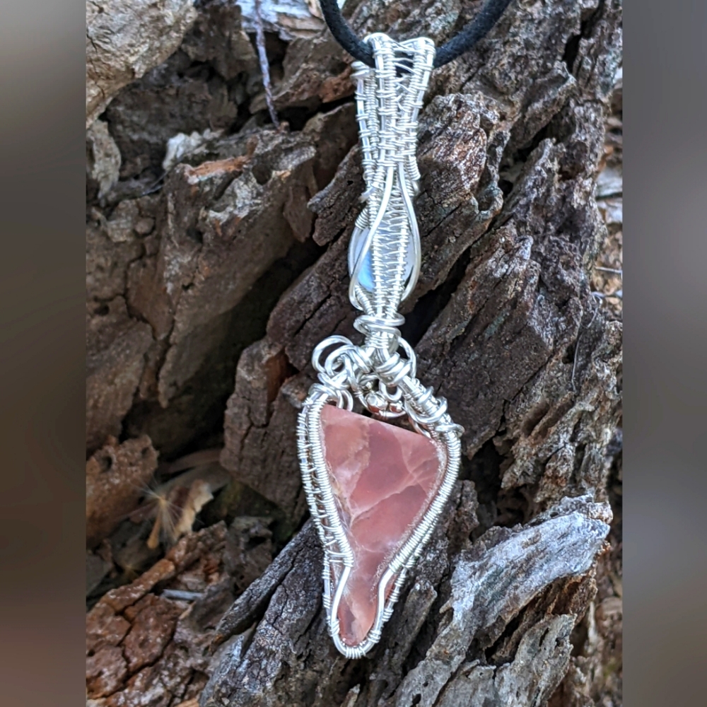 Sterling Silver Moonstone And Strawberry Rhodochrosite Pendant Necklace Handmade - Picture 15 of 17